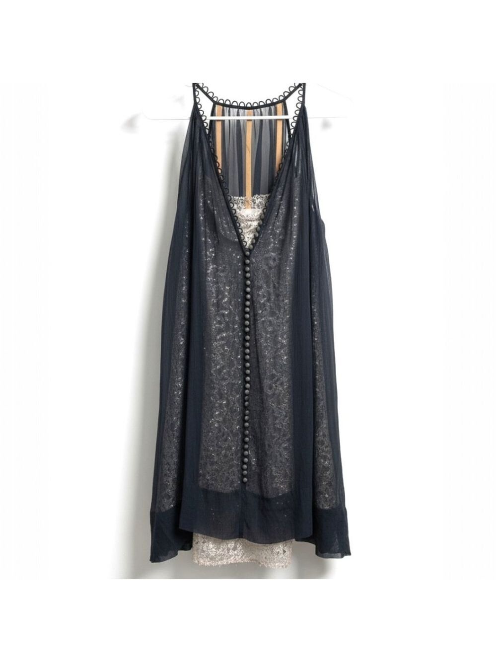 BCBGMaxAzria Vintage Y2K Navy Silk Sheer Slip Dress Lace Overlay Size 4 Romantic - Picture 2 of 15